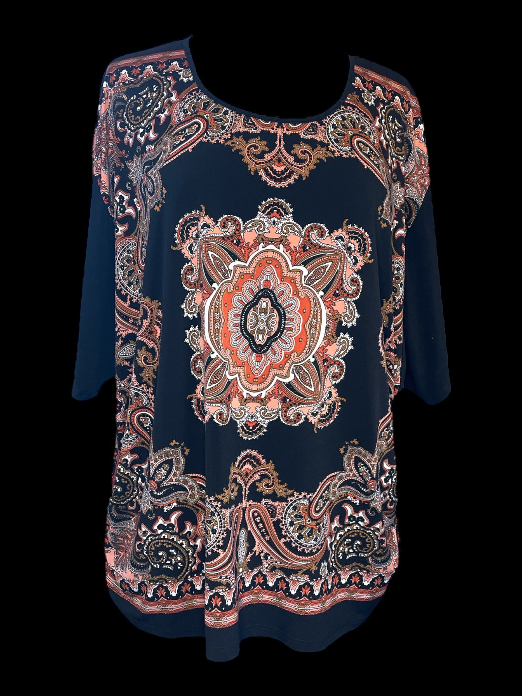3X Black & pink, white, & gold paisley short batwing sleeve scoop neck top w/ o-ring keyhole back, & ruched sides