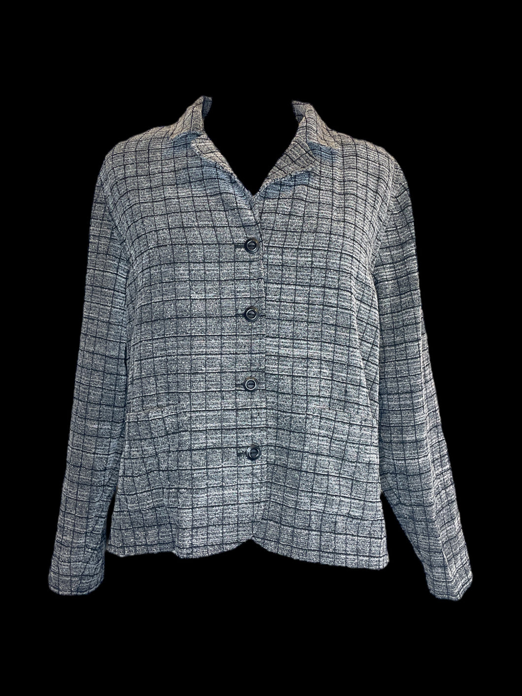 0X Vintage grey & black windowpane plaid 3/4 sleeve button down blazer w/ folded collar, shoulder pads, folded cuffs, & pockets