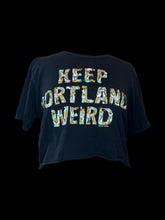 Load image into Gallery viewer, L Black short sleeve crew neck cotton crop top w/ “Keep Portland Weird” graphic made of cats
