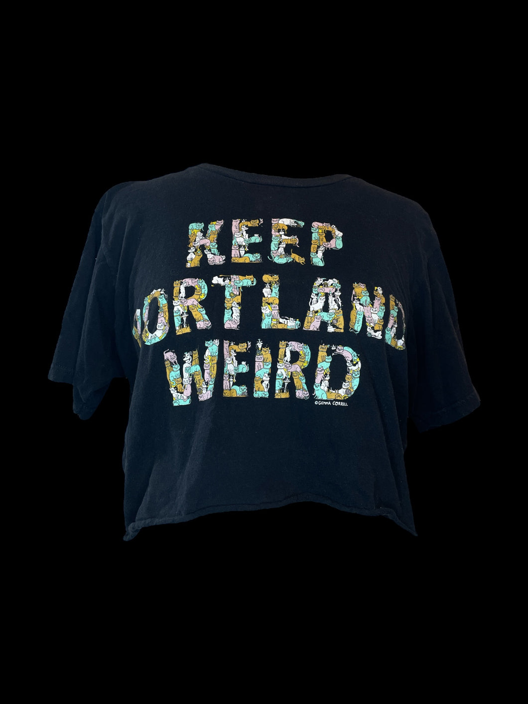 L Black short sleeve crew neck cotton crop top w/ “Keep Portland Weird” graphic made of cats