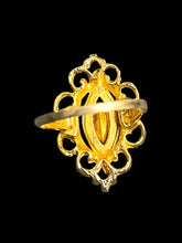 Load image into Gallery viewer, 8.5 Gold like ring w/ diamond shaped brown cut gem in elaberate swirled setting
