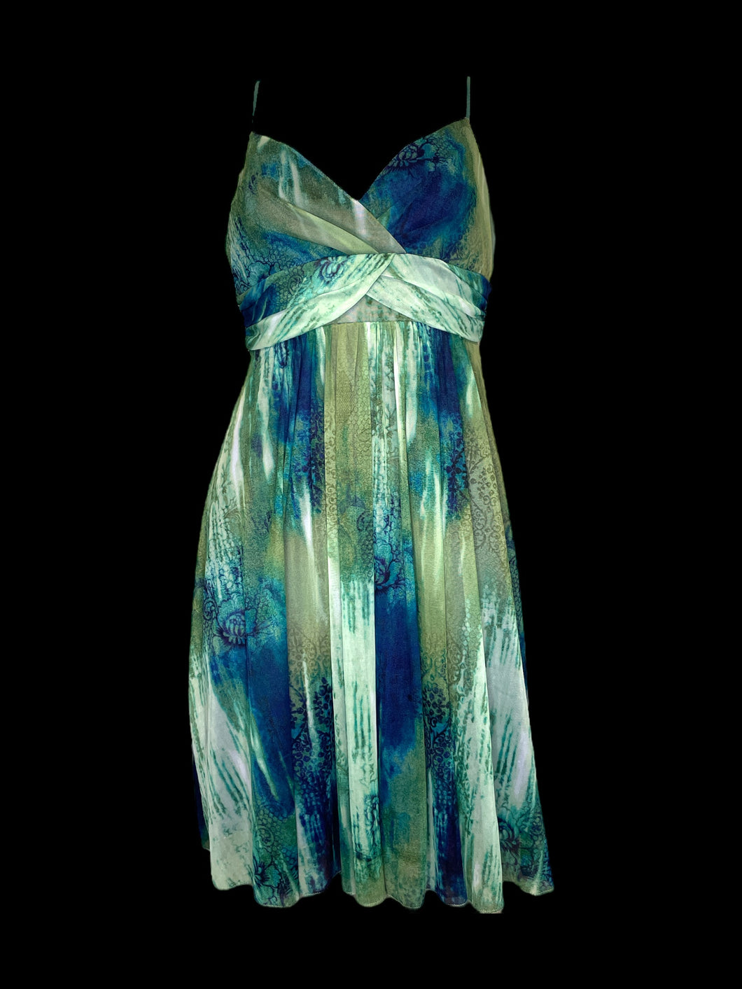 XS Green & blue floral & snakeskin pattern sleeveless dress w/ adjustable straps, underbust detail, cup pads, attached cloth belt, & blue petticoat
