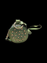 Load image into Gallery viewer, Light green leather cylindrical purse w/ metal-like stud details, strap, &amp; inner pocket
