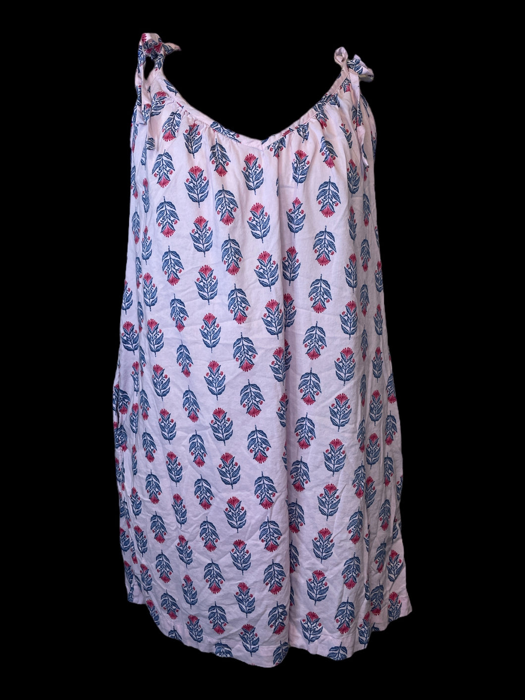 L Light pink, blue, & hot pink floral pattern v neckline sleeveless dress w/ adjustable tie straps, & pockets