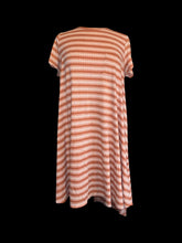 Load image into Gallery viewer, XL Salmon, pink, &amp; white stripe rib knit short sleeve scoop neck hi-lo dress w/ chest pocket
