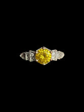 Load image into Gallery viewer, 7 silver like ring w/ yellow cut gem, &amp; decorative tiered setting
