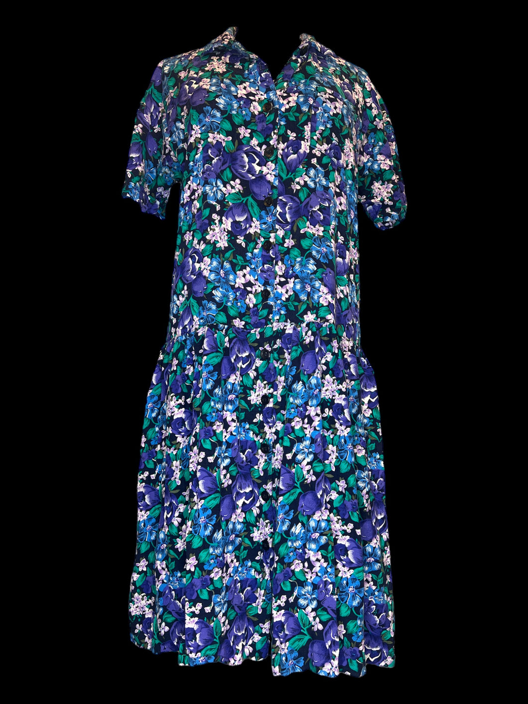 XL Vintage black, blue, purple, & green floral print short sleeve button down dress w/ pleated skirt, button front, folded collar, & chest pocket