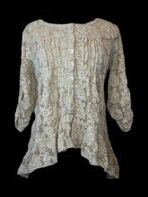 Load image into Gallery viewer, 0X Beige mesh 3/4 sleeve button up scoop neck top w/ off-white floral embroidery, button tab cuffs, ruffle asymmetric hem, &amp; pleated details

