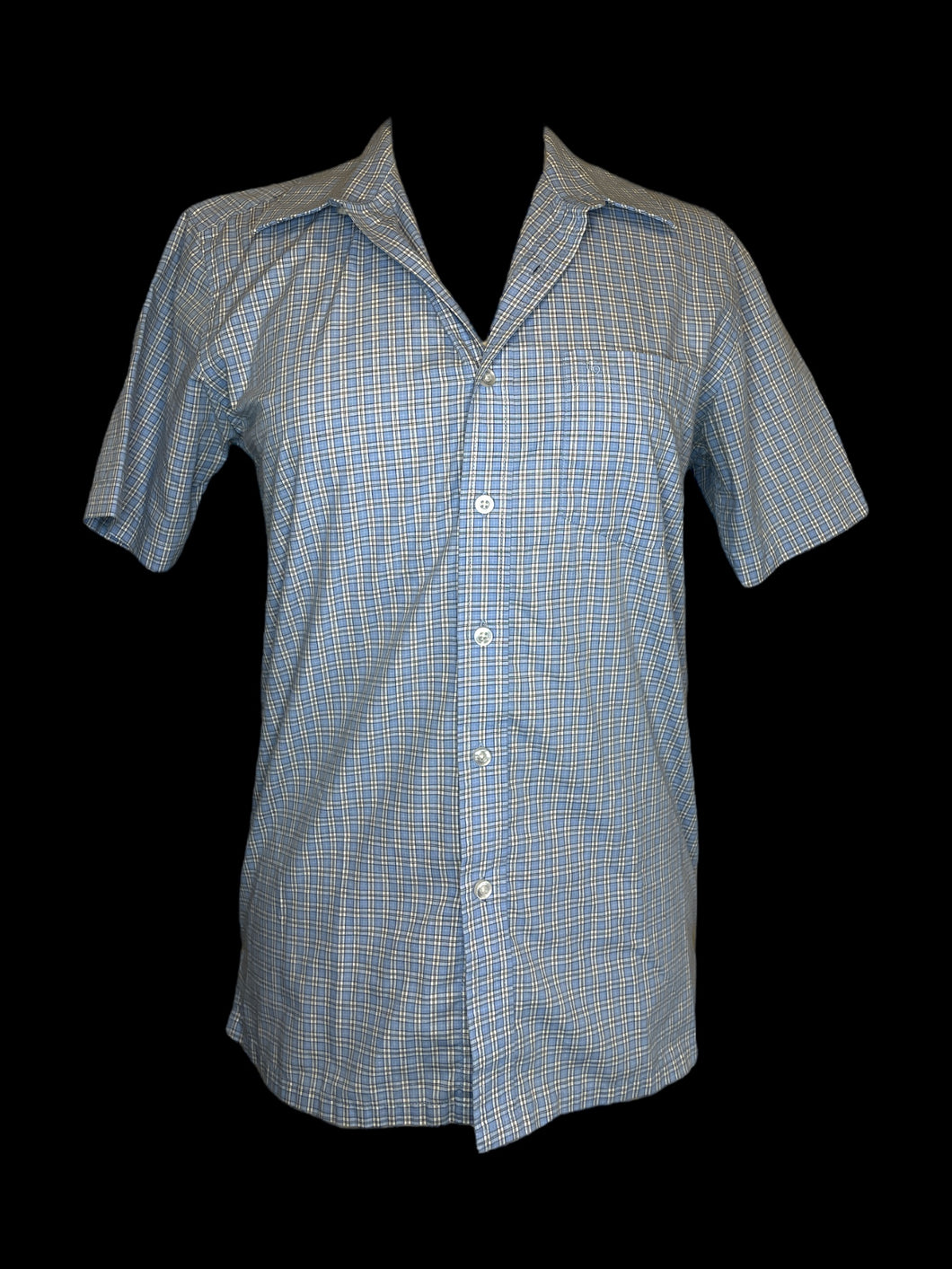 L Light blue & white gingham short sleeve button down collared shirt w/ chest pocket