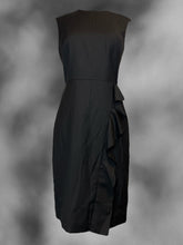 Load image into Gallery viewer, M Black sleeveless round neckline bodycon dress w/ ruffle detail, back hem slit, &amp; clasp/zipper closure
