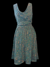 Load image into Gallery viewer, L Teal &amp; multicolor abstract pattern sleeveless dress w/ v neckline, ruched details, a-line skirt, &amp; side zipper/clasp closure
