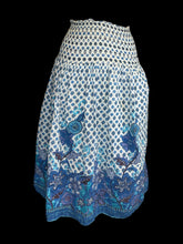 Load image into Gallery viewer, S Vintage 70s Blue &amp; white strapless dress w/  geometric floral pattern, &amp; shired chest
