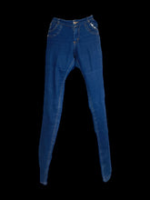 Load image into Gallery viewer, M Blue denim pants w/ orange stitching, belt loops, pockets, &amp; button/zipper closure
