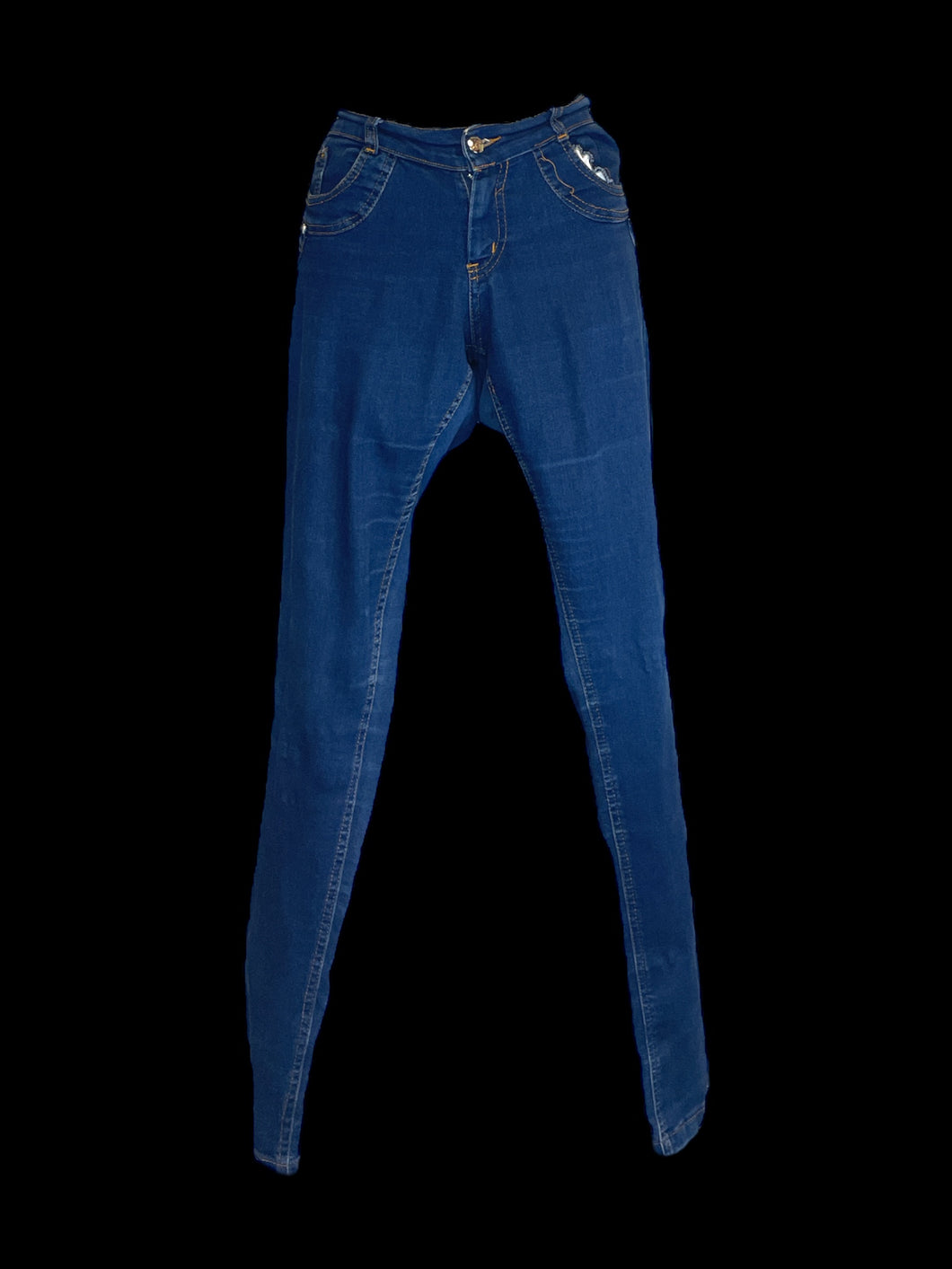 M Blue denim pants w/ orange stitching, belt loops, pockets, & button/zipper closure