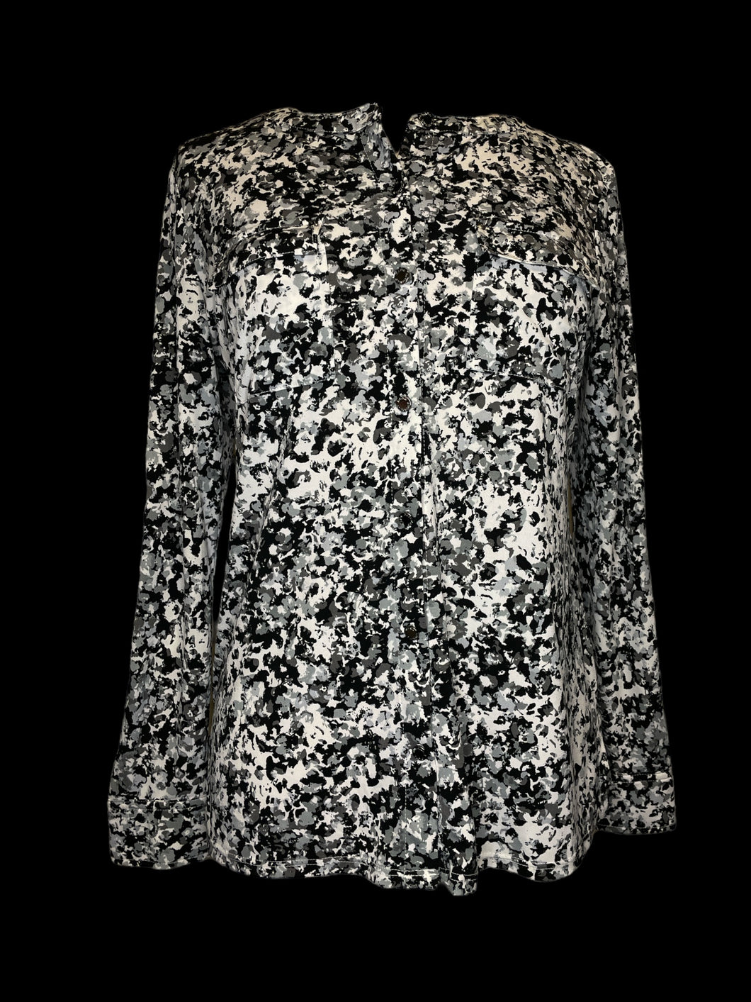 L Black, white, & grey long sleeve button down top w/ tab button cuffs, & chest pockets