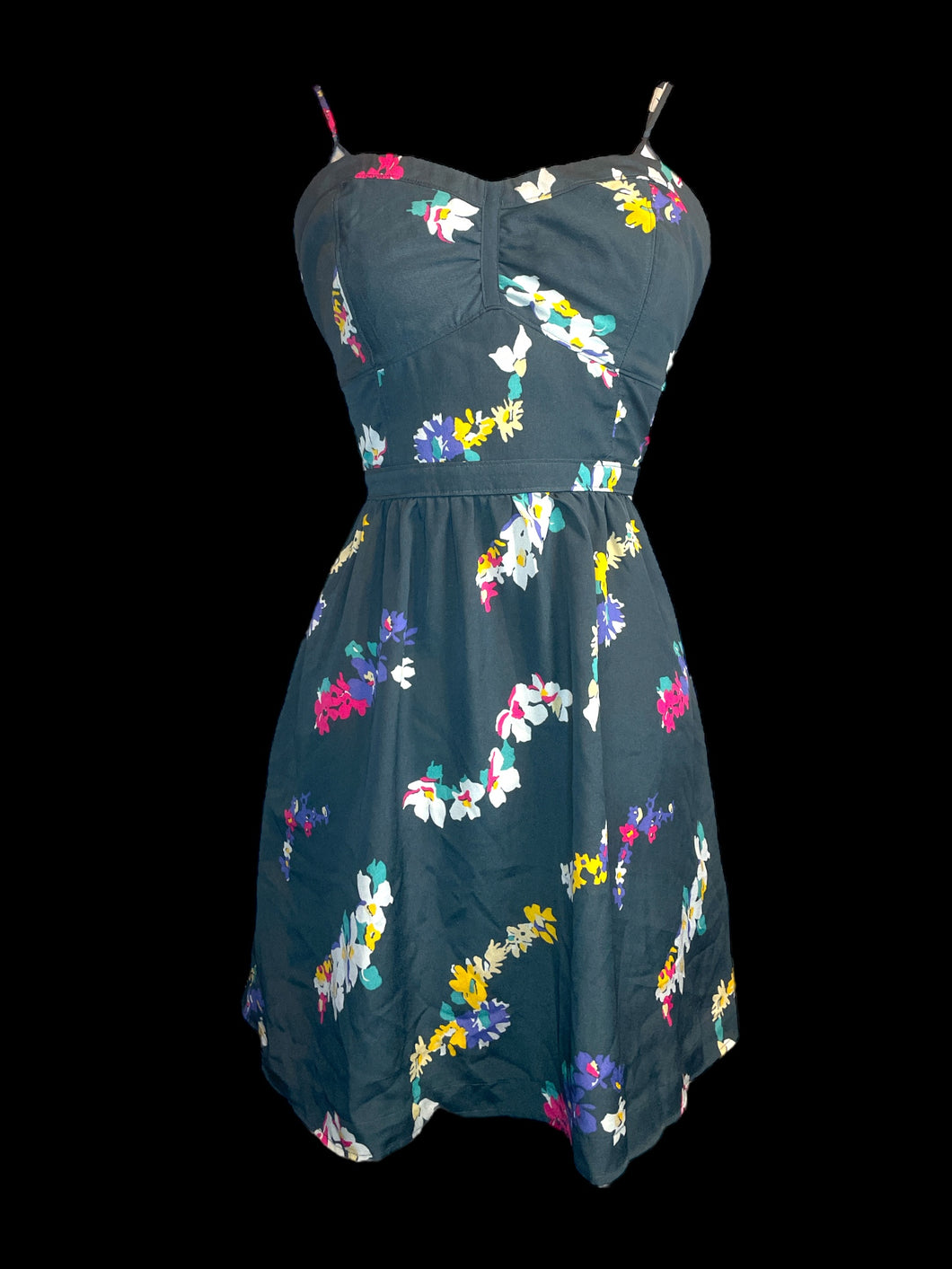 S Black & multicolor floral sleeveless a-line dress w/ lace-up adjustable straps, shirred back, & pockets