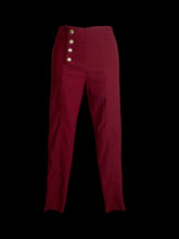 Load image into Gallery viewer, S Dark red high waist taper leg cotton pants w/ asymmetric four button closure, &amp; pockets
