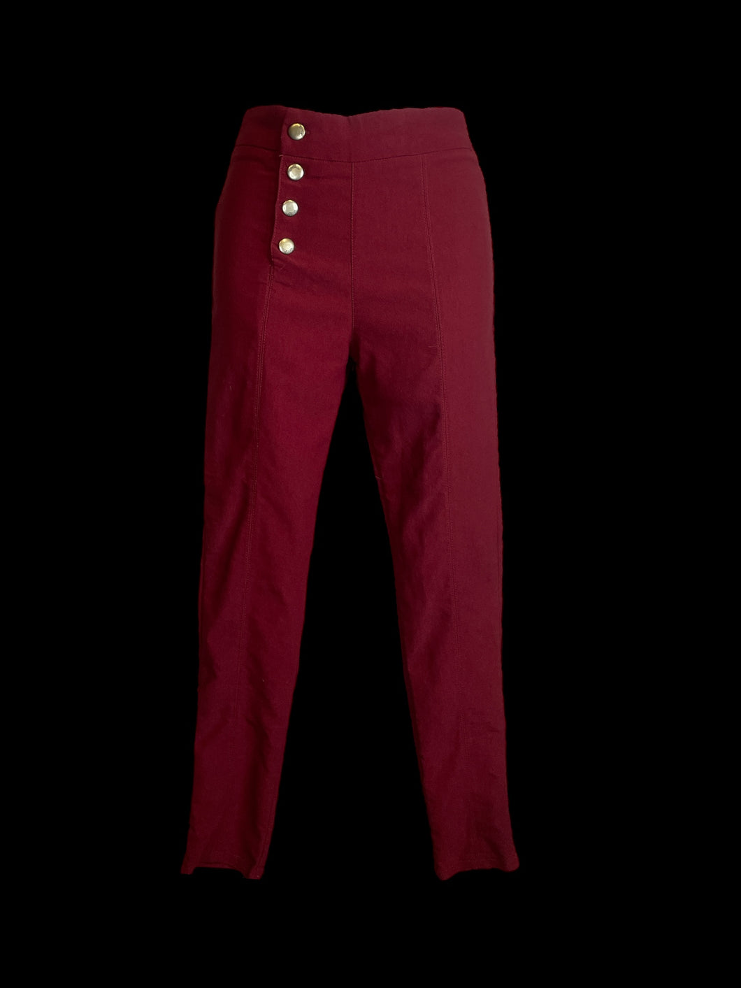 S Dark red high waist taper leg cotton pants w/ asymmetric four button closure, & pockets