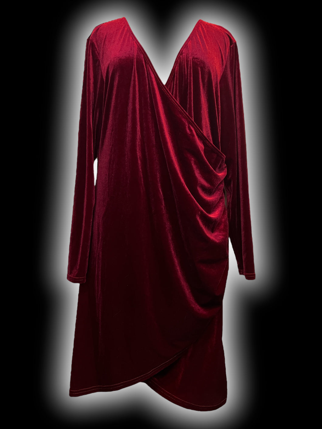 2X Red velvet long sleeve mock wrap dress w/ ruching detail