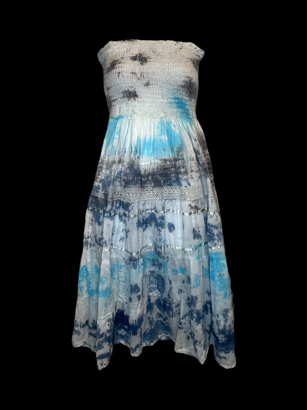 M White, blue, & grey tie-dye sleeveless dress w/ shirred bust, & ruffle panel skirt