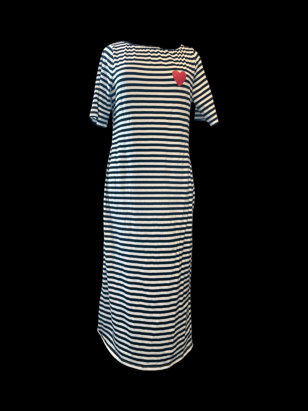 0X Black & white stripe maxi t-shirt dress w/ red heart graphic