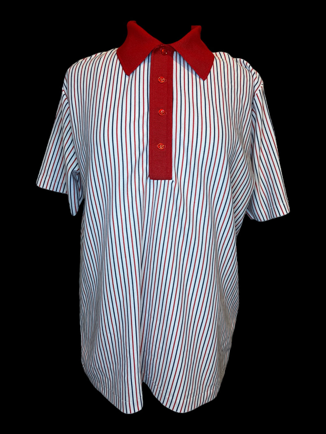 0X Vintage white, red, & blue pinstripe short sleeve polo top w/ red collar