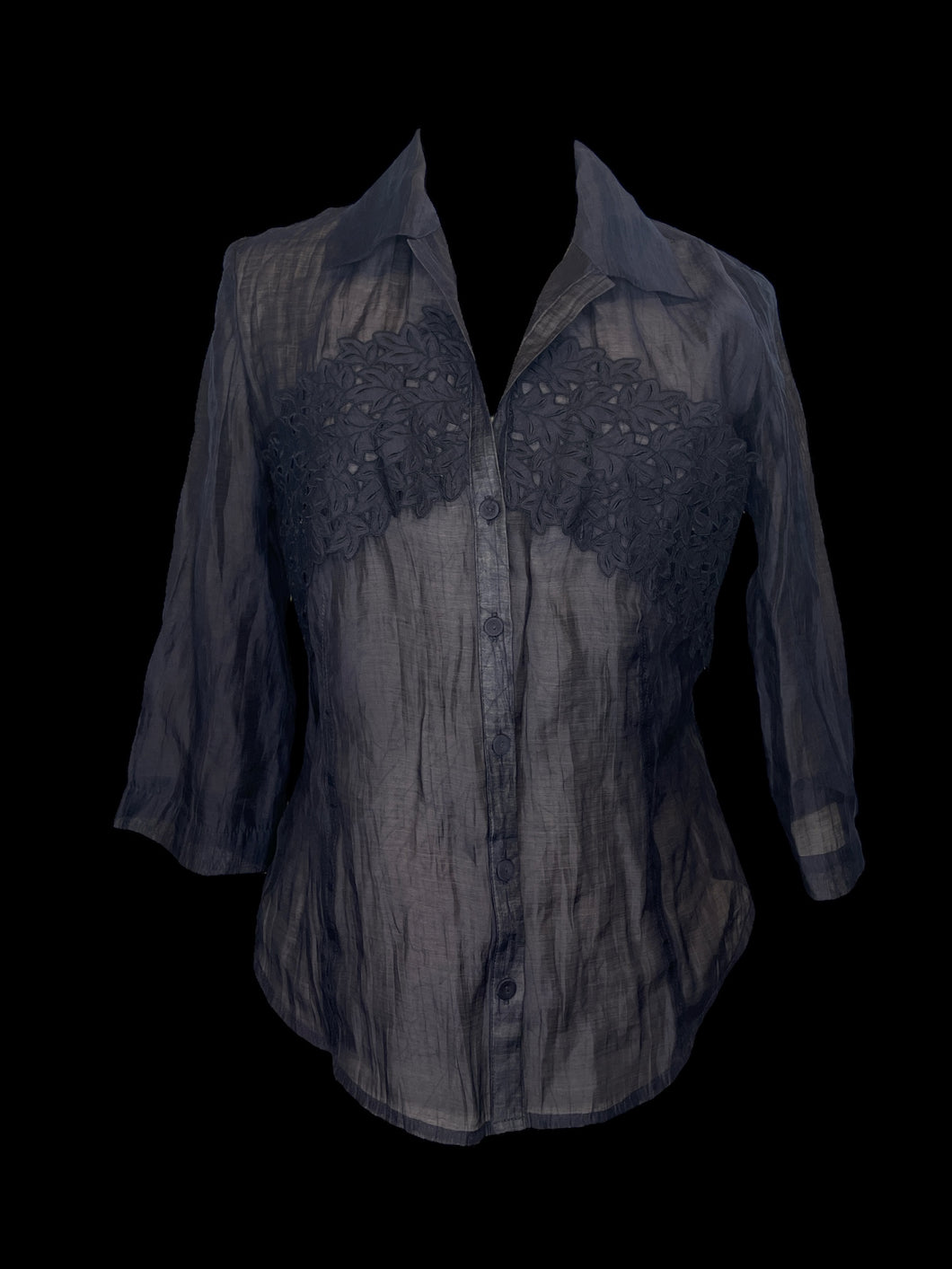 M Dark blue sheer half sleeve button down top w/ botanical accent, & folded collar