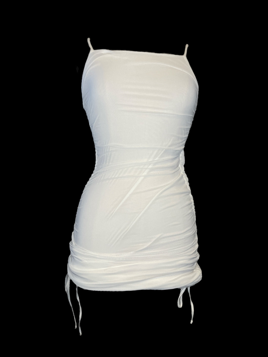 S NWT White sleeveless bodycon mesh dress w/ white lining, adjustable straps, & drawstring