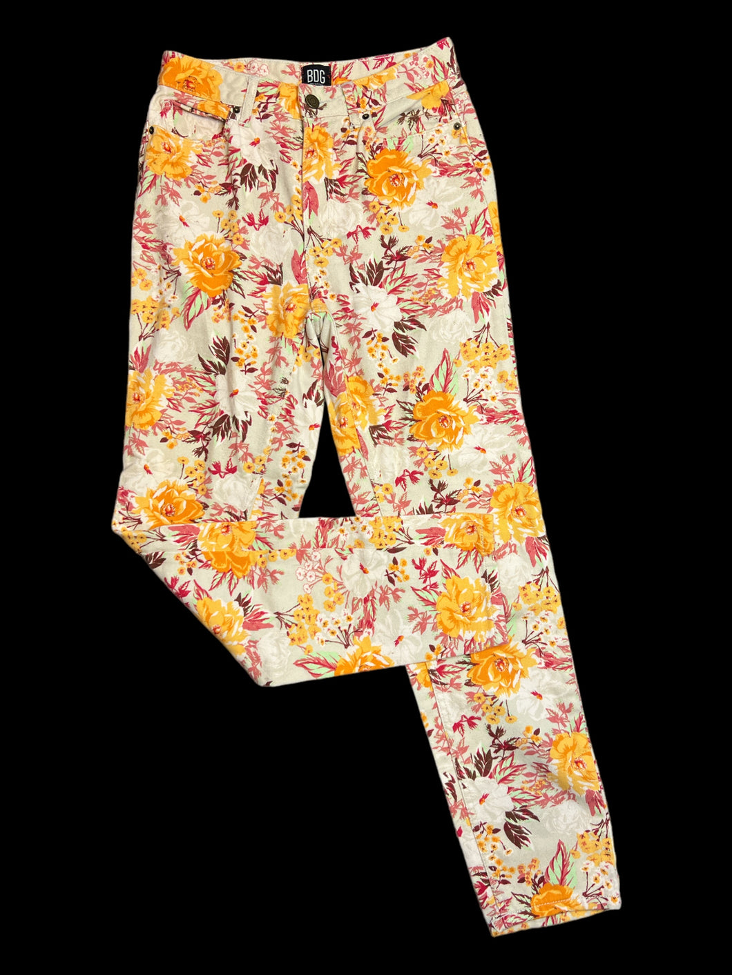 S Off-white & multicolor floral denim high waist taper leg pants w/ pockets, belt loops, & button/zipper closure