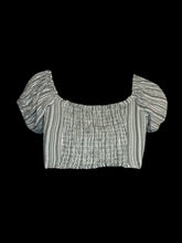 Load image into Gallery viewer, S Sage, white, &amp; grey stripe puff sleeve off the shoulder crop top w/ lace-up detail, &amp; shirred back
