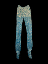Load image into Gallery viewer, M Blue swirling pattern stretchy pants w/ elastic waist, &amp; ruched ankles
