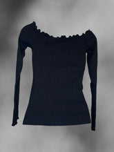 Load image into Gallery viewer, S Black cotton rib knit long sleeve off the shoulder top w/ reinforced notch neckline, &amp; ruffle hem
