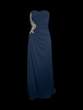 Load image into Gallery viewer, XS Dark blue sheer mesh strapless sweetheart neckline gown w/ pleated bodice, dark blue petticoat, &amp; clasp/zipper closure
