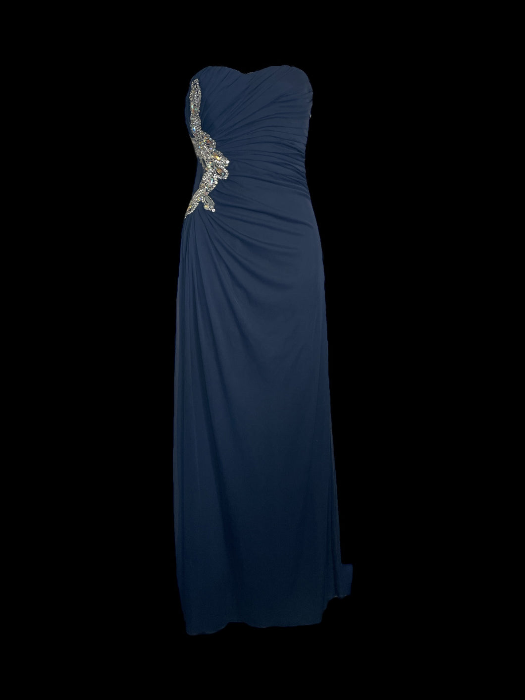 XS Dark blue sheer mesh strapless sweetheart neckline gown w/ pleated bodice, dark blue petticoat, & clasp/zipper closure