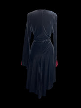 Load image into Gallery viewer, XL Black &amp; dark red velvet long bell sleeve hi-lo dress w/ corset tie bust, &amp; ornate detail pattern

