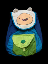 Load image into Gallery viewer, Blue, green, &amp; white “Adventure Time” Finn drawstring backpack w/ outer pocket, magnetic clasps, &amp; adjustable straps
