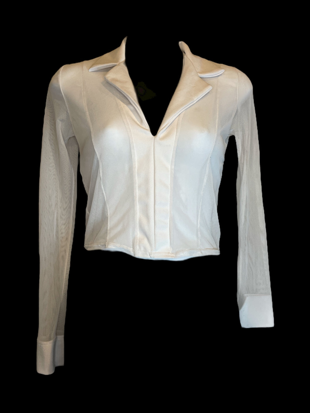 XS White long sleeve sheer mesh crop top w/ johnny collar