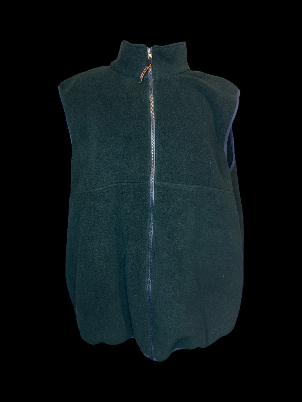 1X Dark green fuzzy sleeveless zip-up sweater vest w/ navy blue hems, & pockets