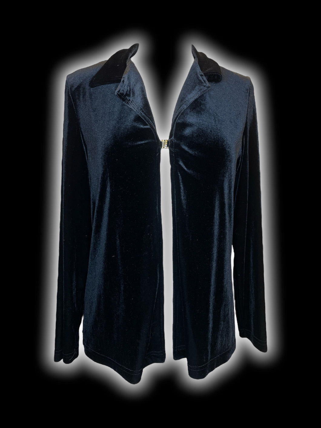 0X Vintage black velvet long sleeve open front cardigan w/ shoulder pads, gold-like clasp, & folded collar