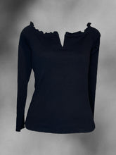 Load image into Gallery viewer, S Black cotton rib knit long sleeve off the shoulder top w/ reinforced notch neckline, &amp; ruffle hem
