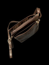 Load image into Gallery viewer, Rich brown leather crossbody bag w/ silver-like hardware, buckle adjustable strap, zipper pockets, &amp; inner pockets
