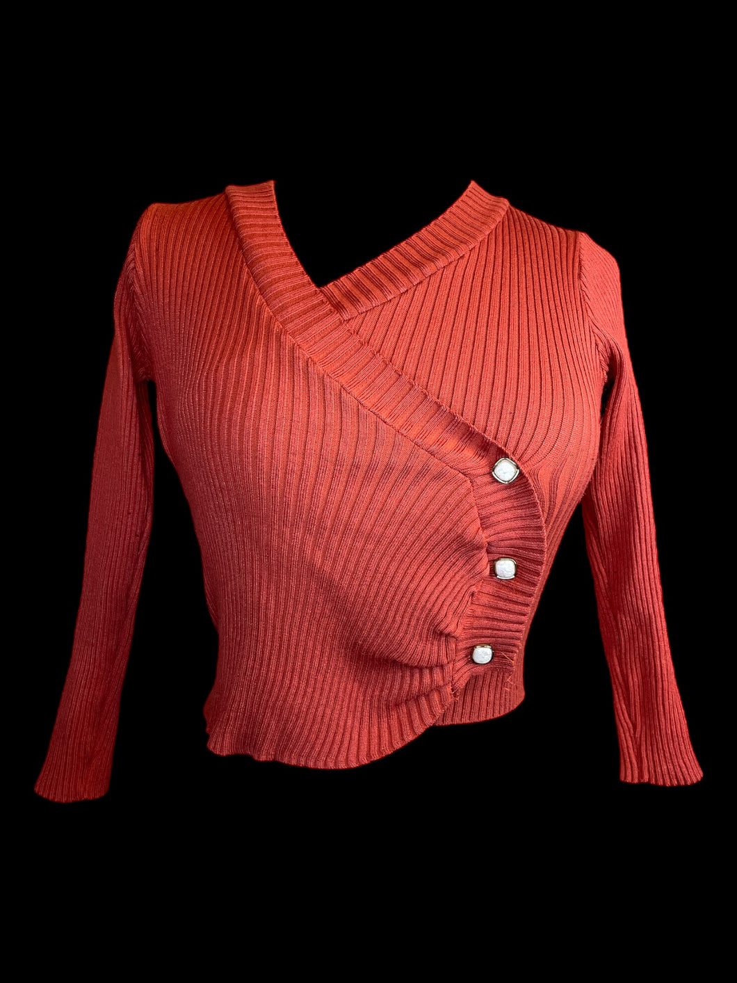 XS Burnt orange long sleeve v-neckline rib knit sweater w/ faux side button closure, & gold-like opalescent square buttons