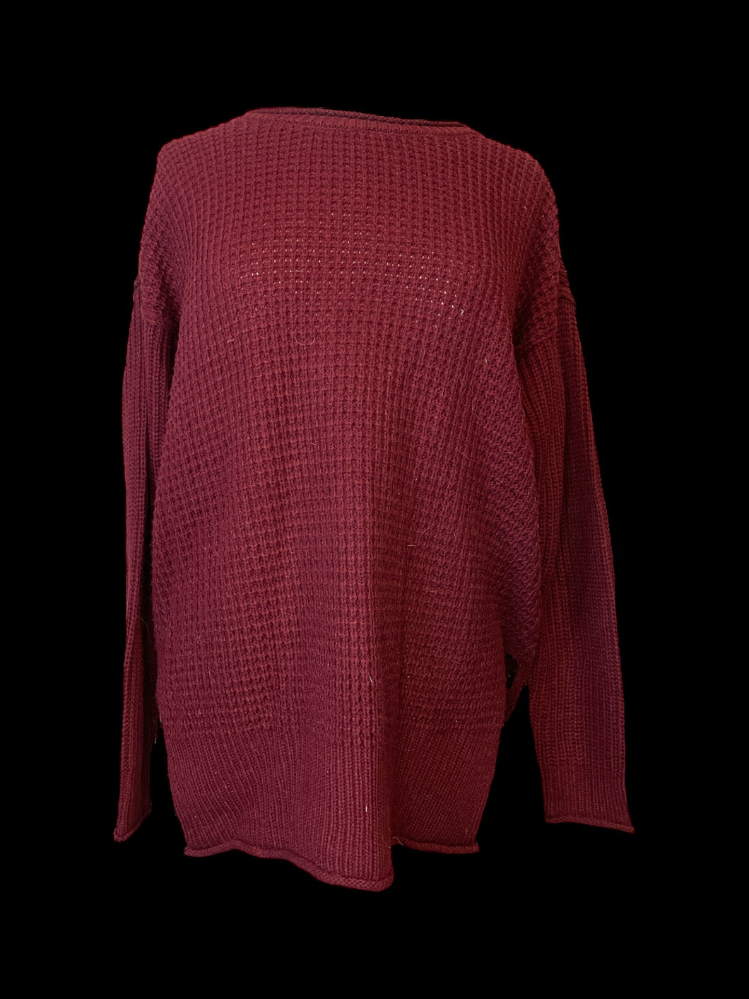 2X Maroon waffle knit hi-lo sweater w/ side slit, & rolled hem & neckline