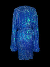 Load image into Gallery viewer, 4X NWT Blue metallic sequin long balloon sleeve wrap dress w/ snap closure, &amp; cloth belt
