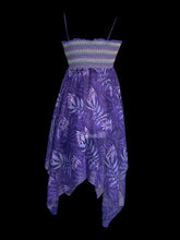 Load image into Gallery viewer, M Vintage Purple sleevless midi dress w/ botanical pattern, shired bust, beaded shoulder tie straps, asymmetric hem, &amp; short lavender lining
