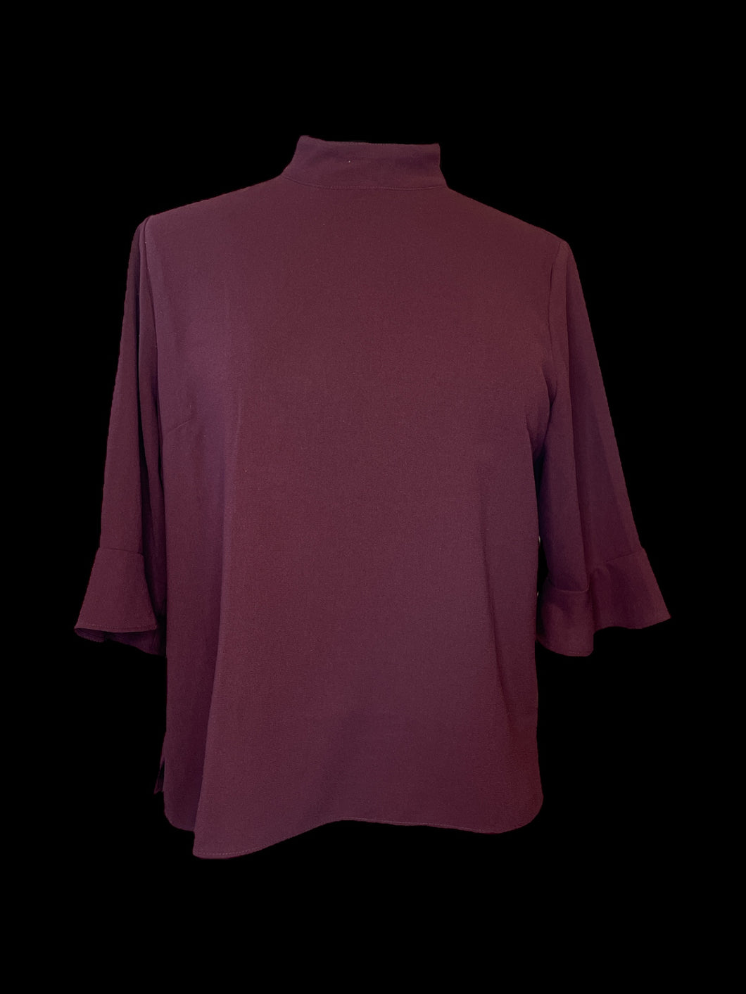 L Burgundy half sleeve high neck top w/ ruffle cuffs, & double button keyhole closure