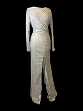 Load image into Gallery viewer, 1X NWT Metallic silver long sleeve maxi dress w/ open keyhole back, front slit, &amp; clasp/zipper closure
