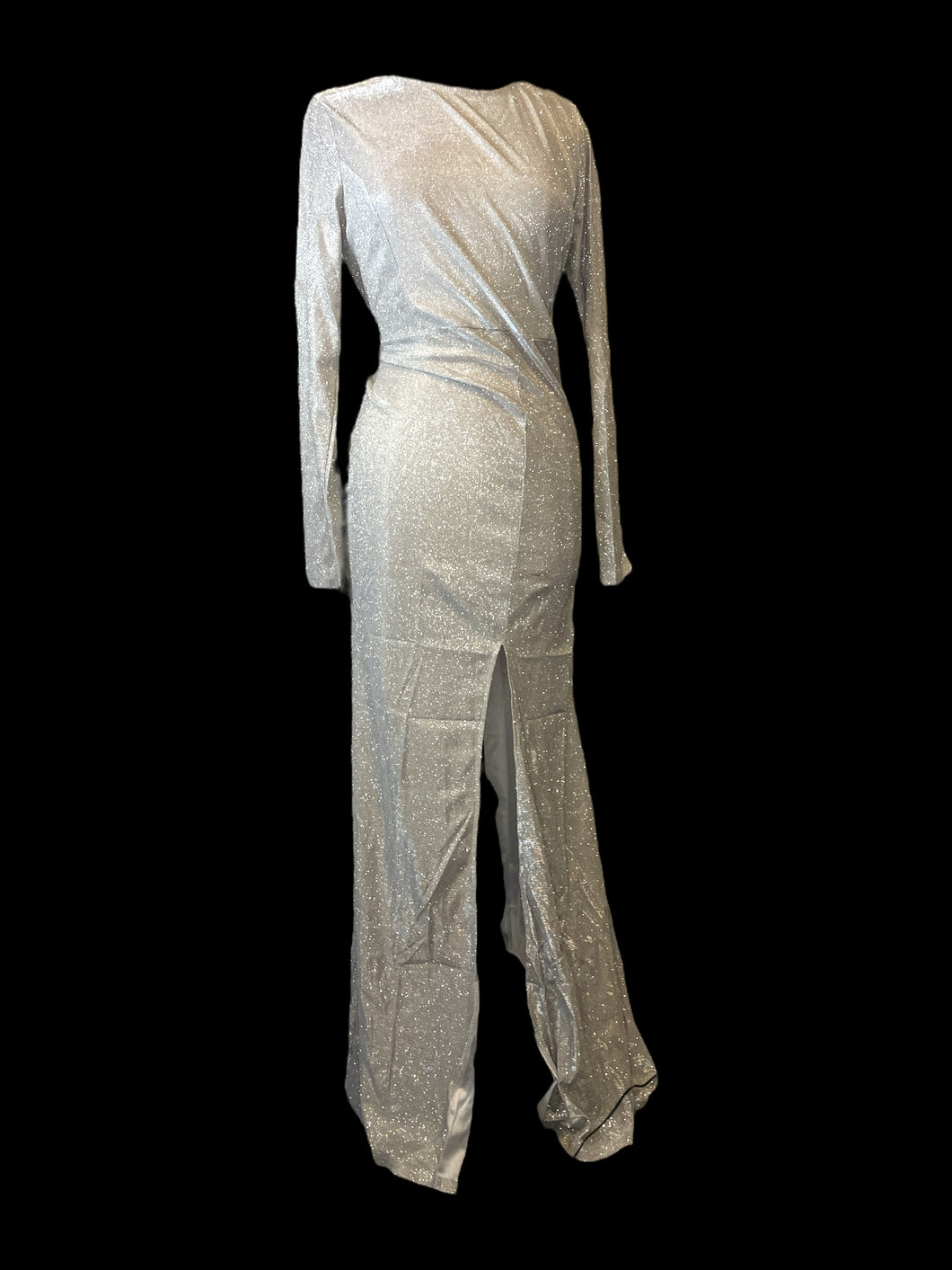 1X NWT Metallic silver long sleeve maxi dress w/ open keyhole back, front slit, & clasp/zipper closure