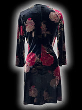 Load image into Gallery viewer, L Black, red, &amp; green velvet floral pattern mock-wrap long sleeve dress w/ ruching detail
