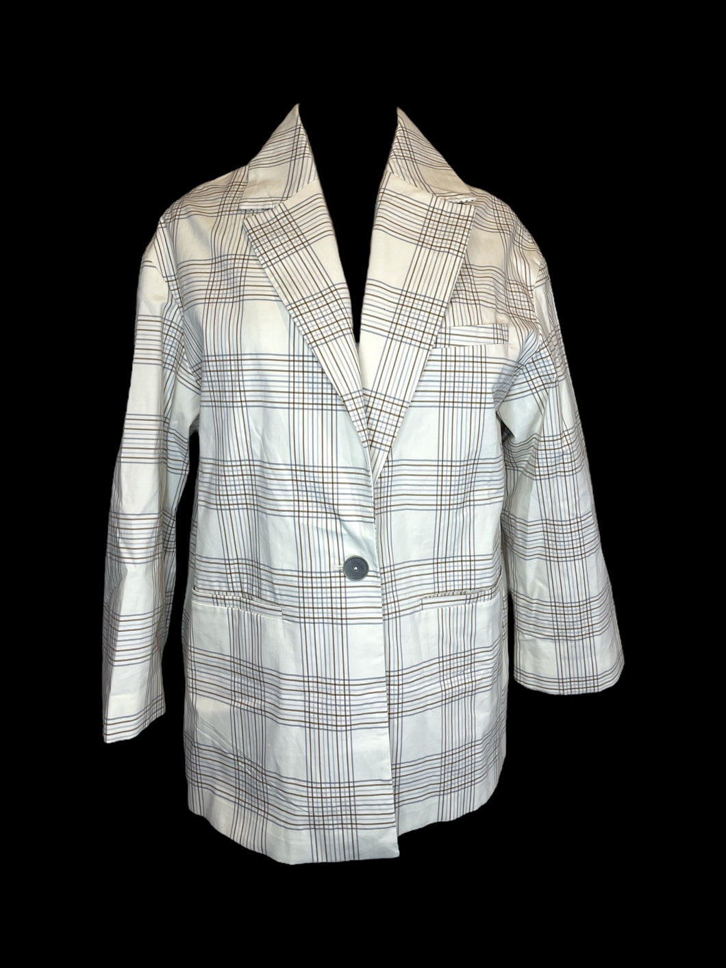 0X White blazer w/ brown & blue stripes, satin like lining, & pockets,